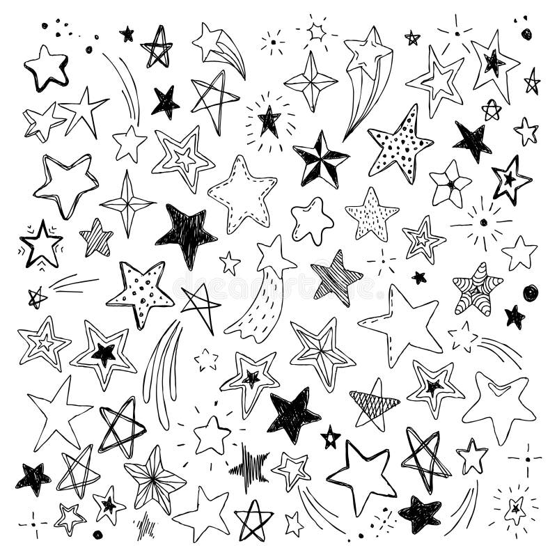 Big set of hand drawn doodle stars black and white isolated on background