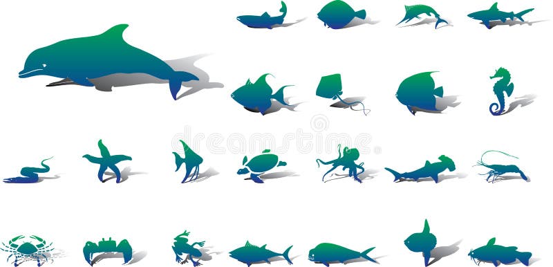 Big set icons - 20A. Fish. Fish and other marine animals for your design. Tropical animal icons vectors