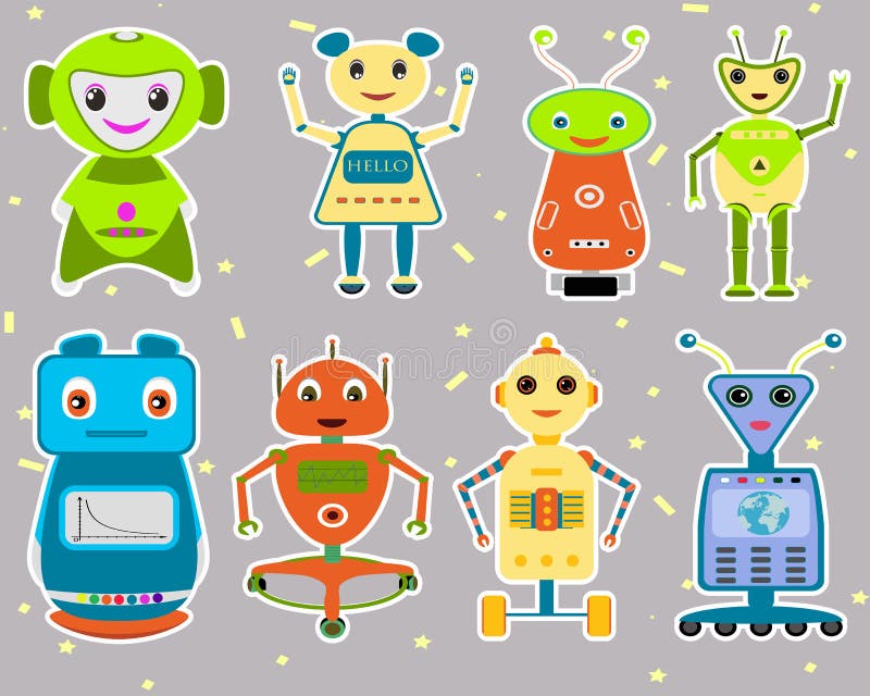 Set of multicolored robots stickers. vector illustration