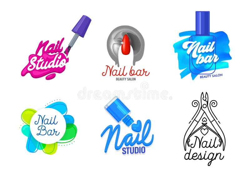 Nail art logo design for manicure and nail salons. set of nail shapes.  fingernails of different form with red nail polish on white background.  beauty industry concept. vector illustration. - Stock Image -