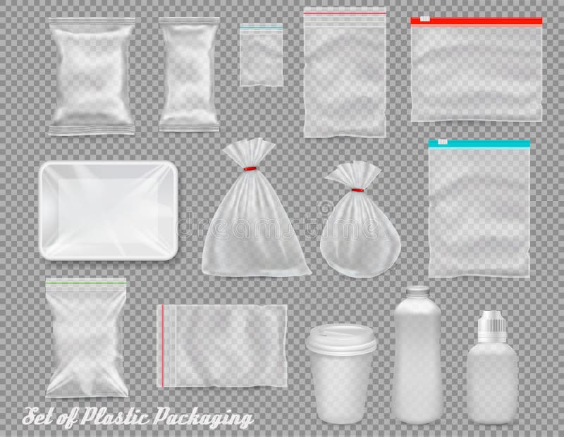 Big Set of Polypropylene Plastic Packaging Sacks, Tray, Cup on