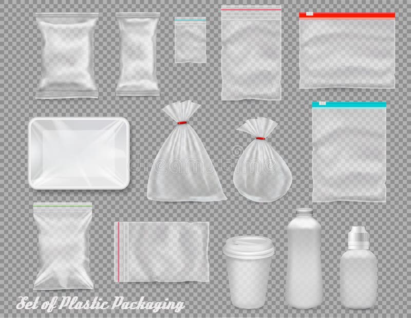 Big set of polypropylene plastic packaging - sacks, tray, cup on transparent background.