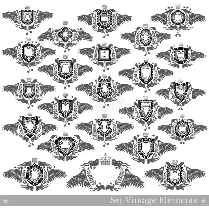 Big set of shields different forms with wings, wreath and vintage element. Vector heraldic design stock illustration Big set of shields different forms with wings, wreath and vintage element. Vector heraldic design stock illustration
