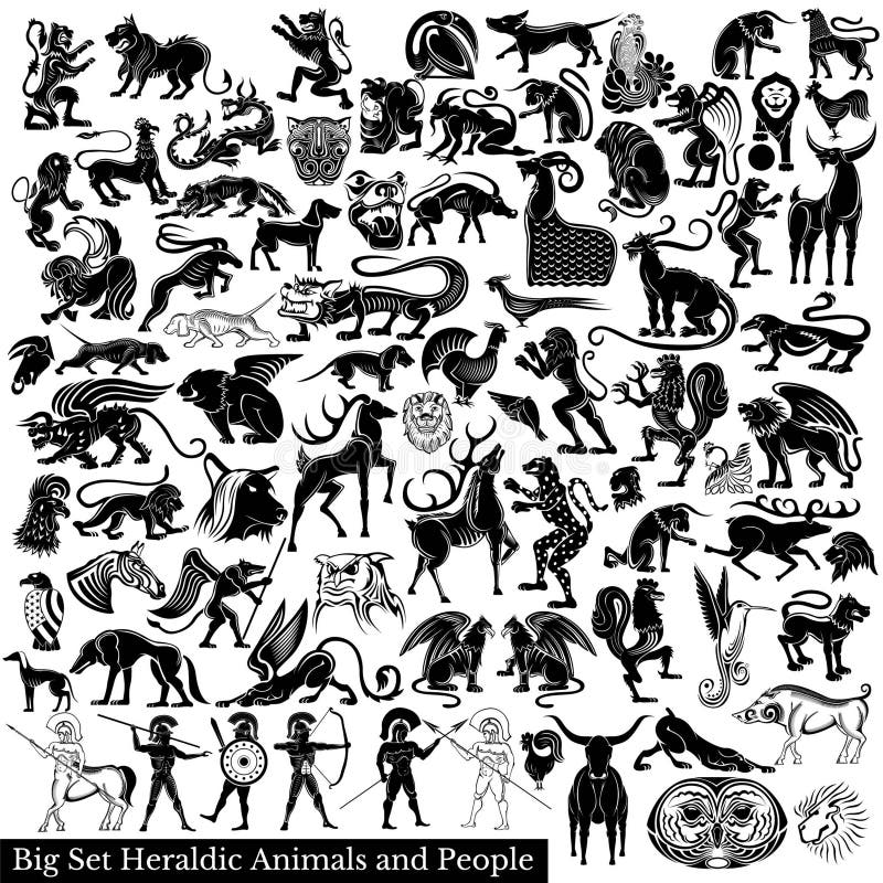 Big set of silhouettes of animals birds and wariors. Heraldic elements