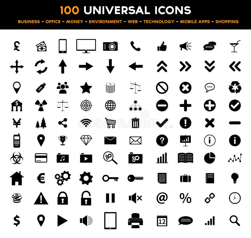 Big set of 100 universal black flat icons - business, office, finance, environment and technology stock illustration