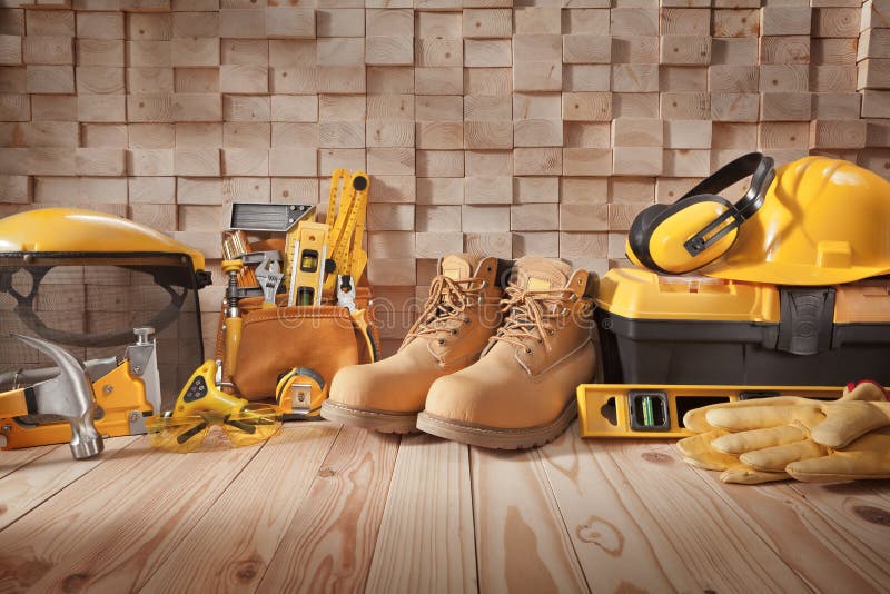 Big Set Of Various Working Tools On Background Stack Of Wooden Beams. Crpenters Tools. DYI