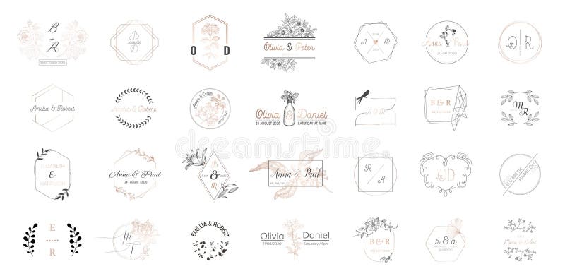 Big set of Wedding monogram logos collection, hand drawn modern minimalistic and floral templates for Invitation cards stock illustration