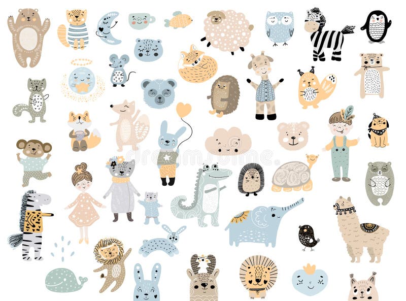 Big set of wild cartoon animals pets. Cute handdrawn kids clip art collection. stock illustration Big set of wild cartoon animals pets. Cute handdrawn kids clip art collection. stock illustration
