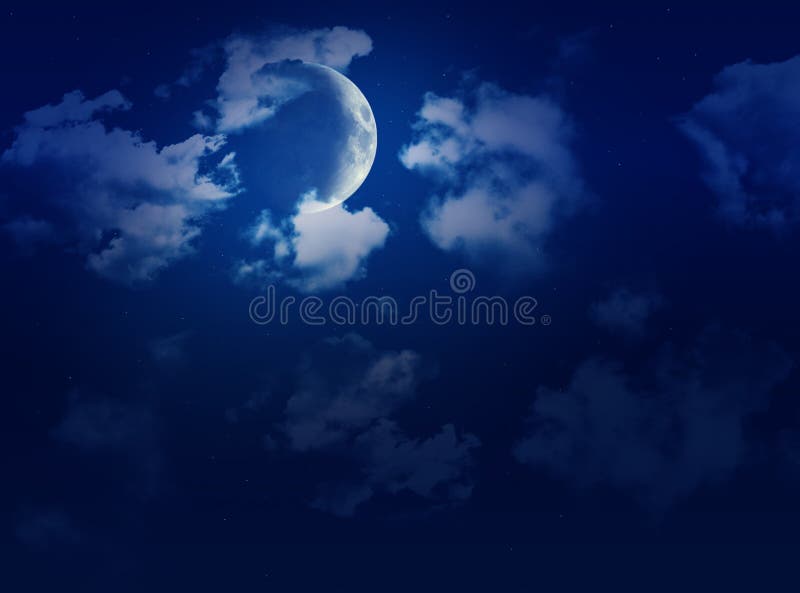 A night time sky scene with a full moon, clouds and stars. Drawing time illustrations