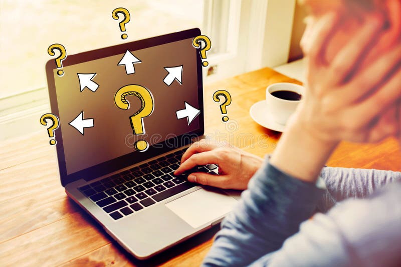 Big and small question marks with arrows with man using a laptop stock photography Big and small question marks with arrows with man using a laptop stock photography