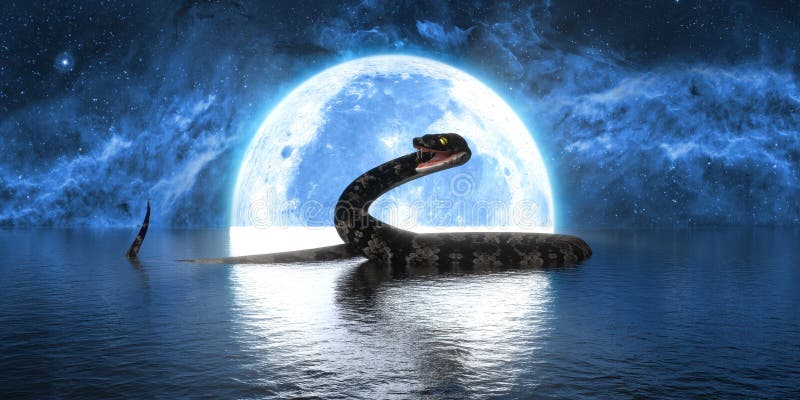 The Blue Snake And The Red Moon Big Snake on the Background of the Full Moon Stock Illustration