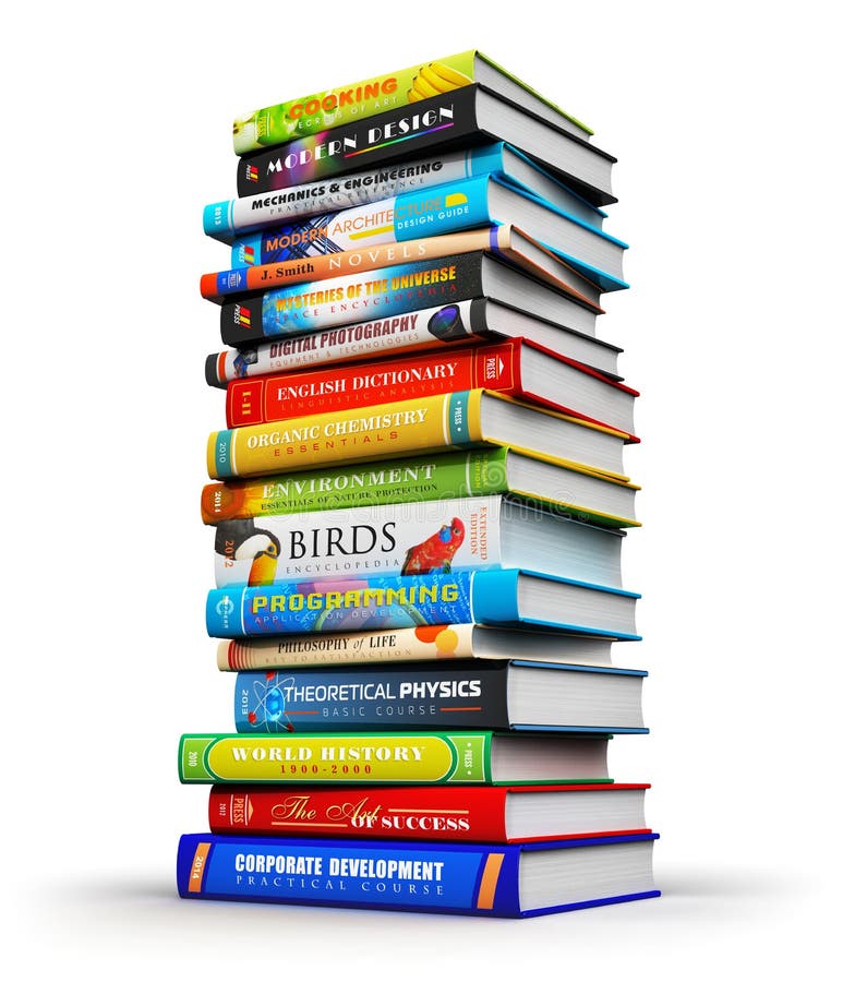 Creative abstract science, knowledge, education, back to school, business and corporate office life concept: big high stack or pile of color hardcover books isolated on white background. Creative abstract science, knowledge, education, back to school, business and corporate office life concept: big high stack or pile of color hardcover books isolated on white background