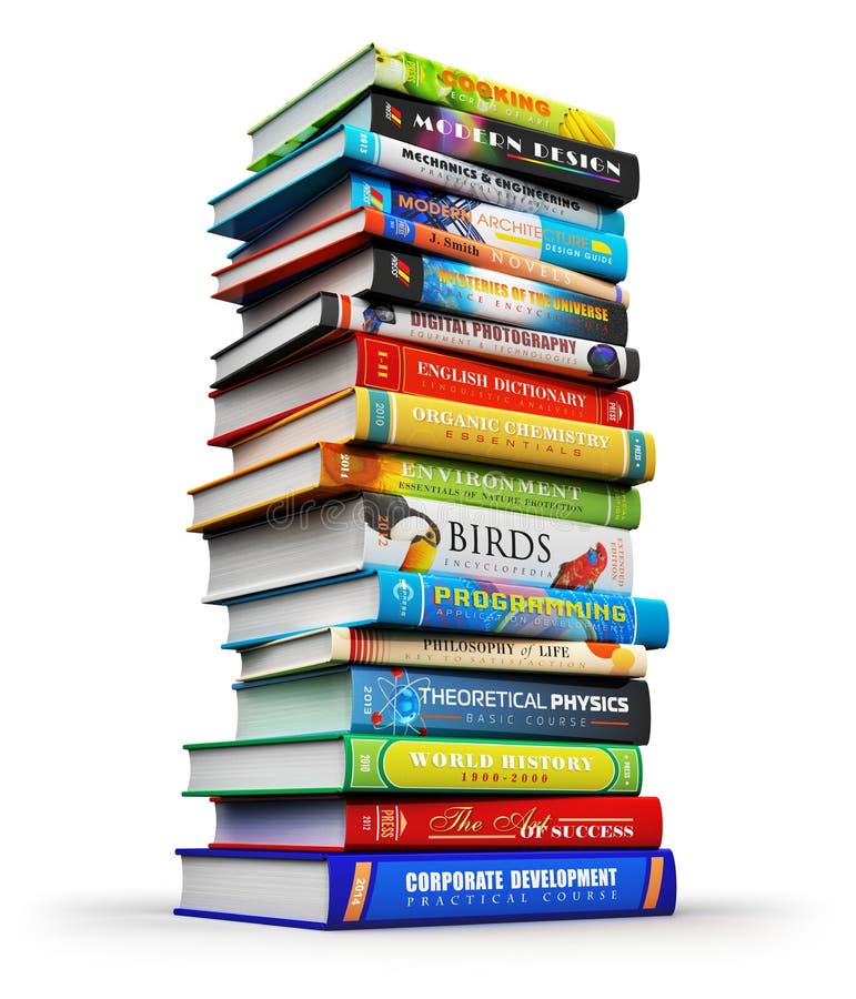 Creative abstract science, knowledge, education, back to school, business and corporate office life concept: big high stack or pile of color hardcover books isolated on white background. Creative abstract science, knowledge, education, back to school, business and corporate office life concept: big high stack or pile of color hardcover books isolated on white background