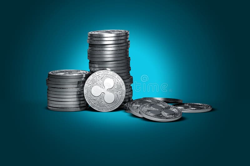 Big stack of Ripple coins XRP on gently lit cyan background.