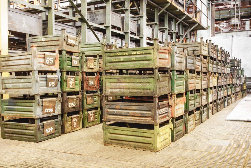 Big storage room with metal boxes. Business, indoors.