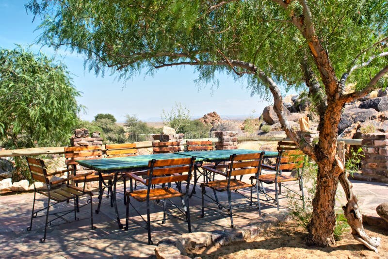 Big table under tree in outdoor restaurant