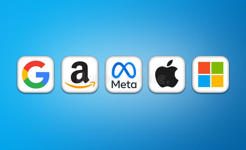 Logos of Google, Amazon, Meta, Apple, and Microsoft representing the leading Big Tech firms driving AI investment