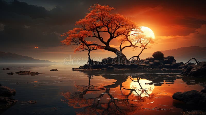 A Big Tree Stand With Ethereal Glow Beneath The Moon and Mountain Range During Night Time Landscape Background vector illustration