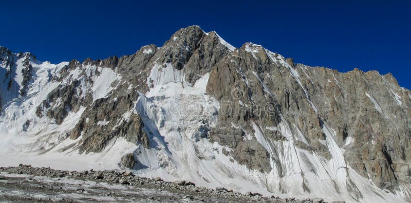 High mountain wall of Tian Shan, snow and glacier ice of Free Korea peak in Ala Archa