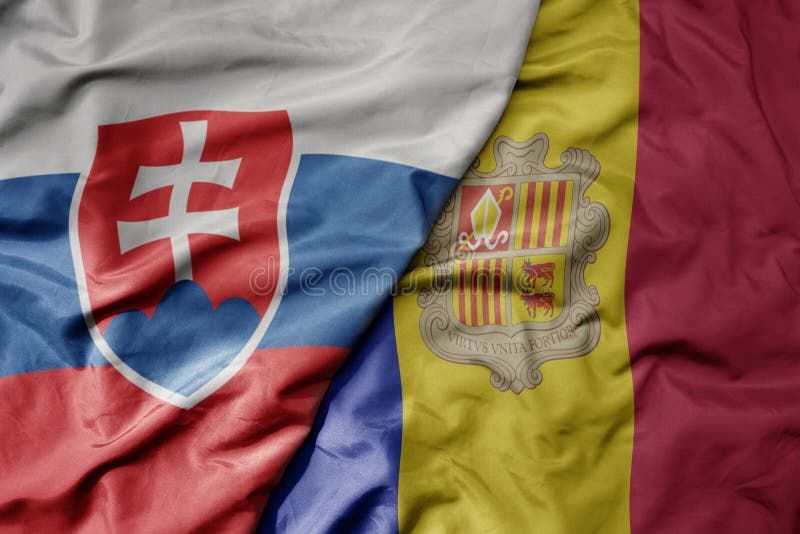 Big waving national colorful flag of slovakia and national flag of andorra