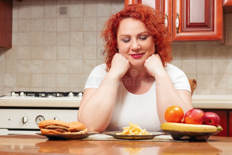 Big Woman Eat Fast Food. Red Hair Fat Girl with Burger, Potato a Stock ...