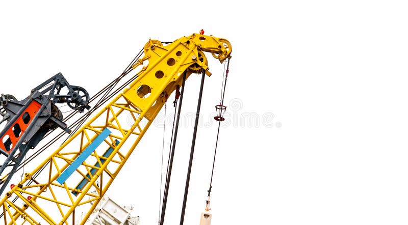 Big yellow construction crane for heavy lifting isolated on white background. Construction industry. crane for container lift