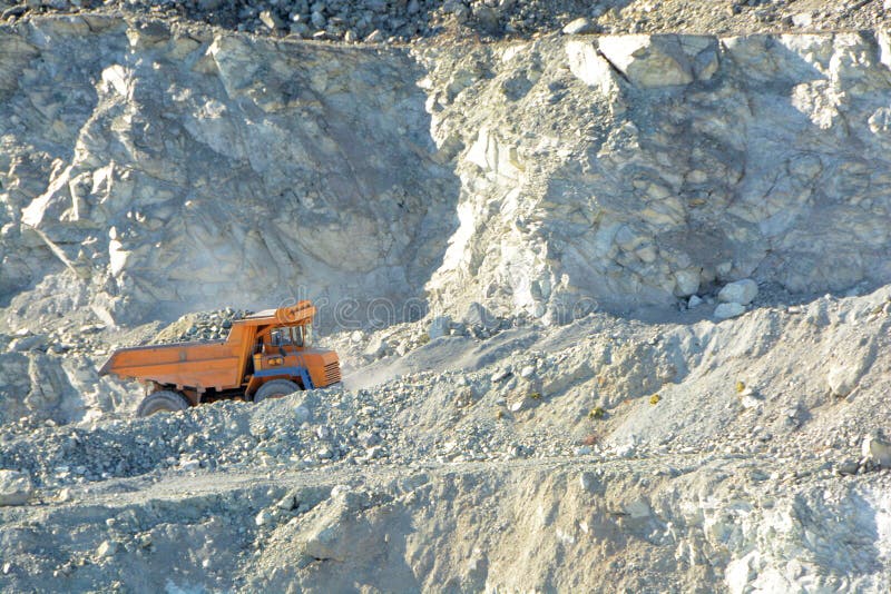 Big yellow mining truck in quarry