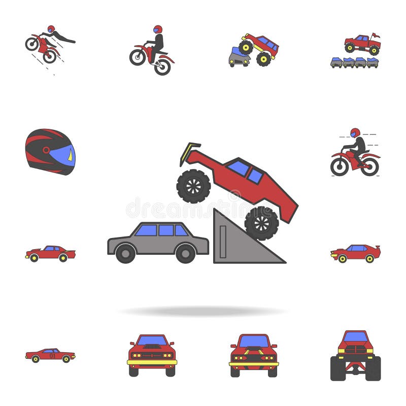 Bigfoot-Auto in Sprungsfeld coloricon Ausführlicher Satz Farbgroße Fuß-Autoikonen Erstklassiges Grafikdesign Eine der Sammlungsikonen für Website, Webdesign, bewegliche APP auf weißem Hintergrund