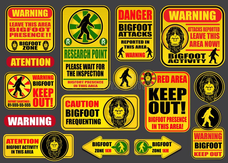 Set of Bigfoot themed warning signs. Yeti vectors