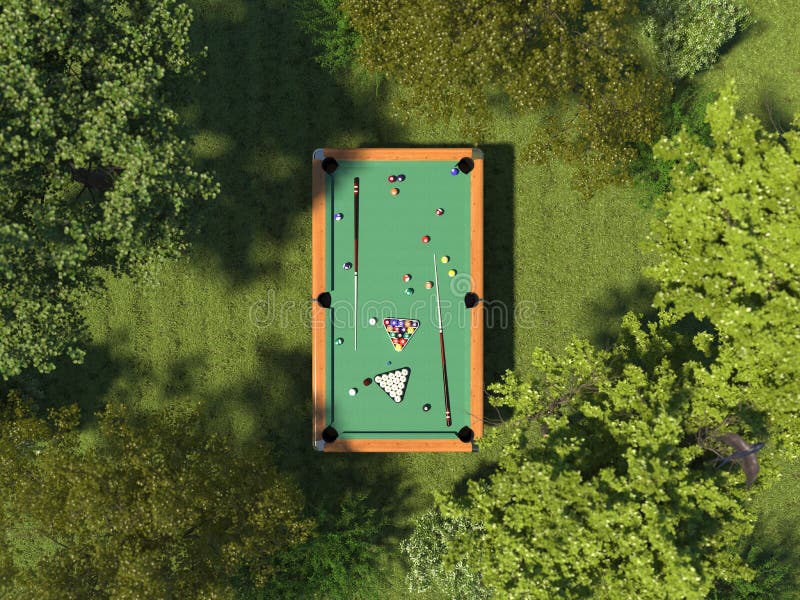 Billiards on the green meadow in the forest among the trees. Single pool table with cue and billiard balls on grass on the top view. Gambling in nature. 3D rendering. Aerial view. Billiards on the green meadow in the forest among the trees. Single pool table with cue and billiard balls on grass on the top view. Gambling in nature. 3D rendering. Aerial view