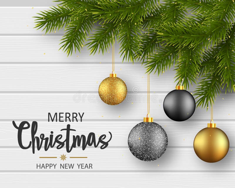 Biglietto di auguri di Natale con rami di pino e palle di brillantante su fondo bianco di legno illustrazione vettoriale Biglietto di auguri di Natale con rami di pino e palle di brillantante su fondo bianco di legno illustrazione vettoriale