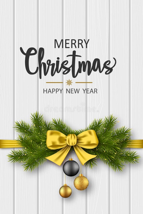 Biglietto di auguri di Natale con rami di pino e palle di brillantante su fondo di legno bianco illustrazione di stock Biglietto di auguri di Natale con rami di pino e palle di brillantante su fondo di legno bianco illustrazione di stock