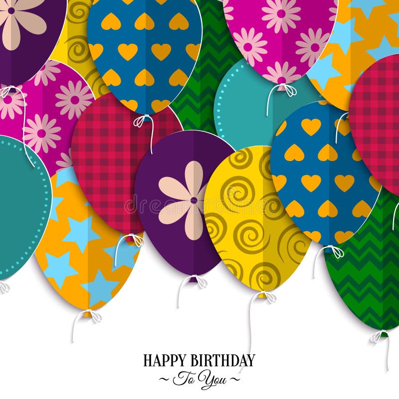 Biglietto di auguri per il compleanno con i palloni di carta ed il compleanno illustrazione vettoriale