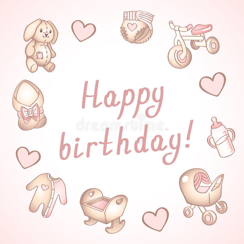 Biglietto di auguri per il compleanno del bambino, carta della doccia, manifesto, modello Illustrazioni sveglie di vettore Metta illustrazione di stock Biglietto di auguri per il compleanno del bambino, carta della doccia, manifesto, modello Illustrazioni sveglie di vettore Metta illustrazione di stock