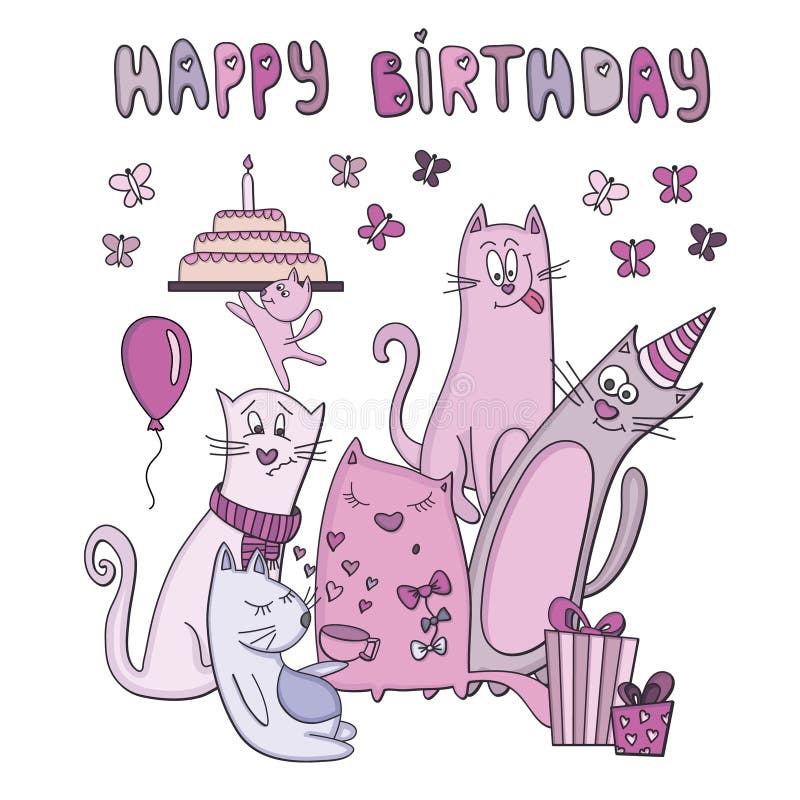 Biglietto Di Auguri Per Il Compleanno Di Vettore Con I Gatti Divertenti Illustrazione Vettoriale Illustrazione Di Scheda Doodle