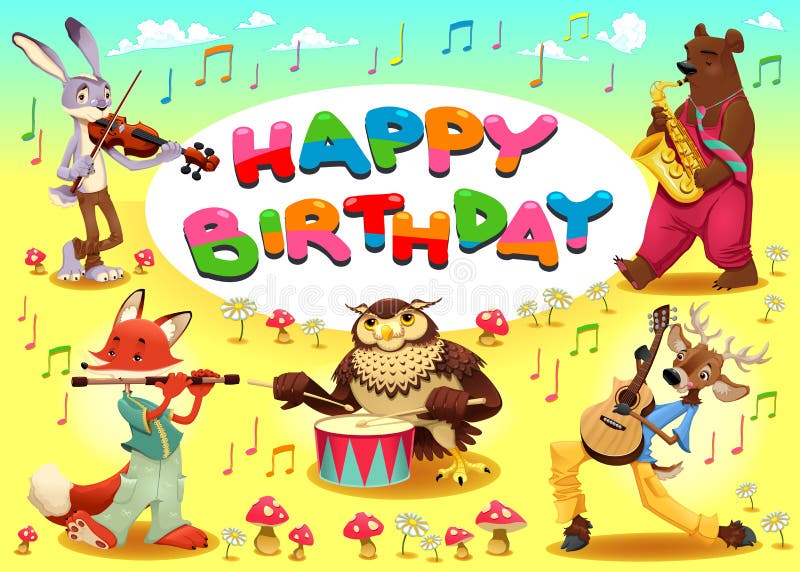 Biglietto Di Auguri Per Il Compleanno Felice Con Gli Animali Del Musicista Illustrazione Vettoriale Illustrazione Di Gruppo Scanalatura