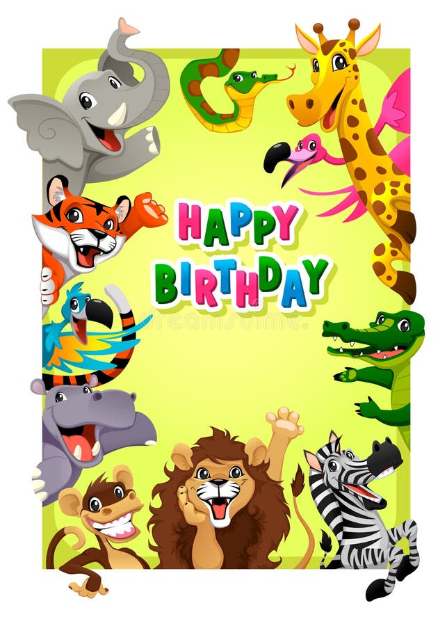 Biglietto Di Auguri Per Il Compleanno Felice Con Gli Animali Della Giungla Illustrazione Vettoriale Illustrazione Di Selvaggio Felice