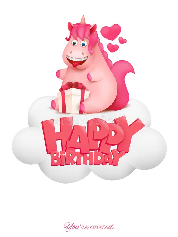 Biglietto Di Auguri Per Il Compleanno Felice Con Il Personaggio Dei Cartoni Animati Sveglio Dell Unicorno Che Si Siede Sulla Nuvo Illustrazione Di Stock Illustrazione Di Isolato Compleanno