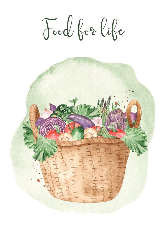 Biglietto di colore d'acqua con erbe fresche e verdure in un cestello di vimini illustrazione vettoriale