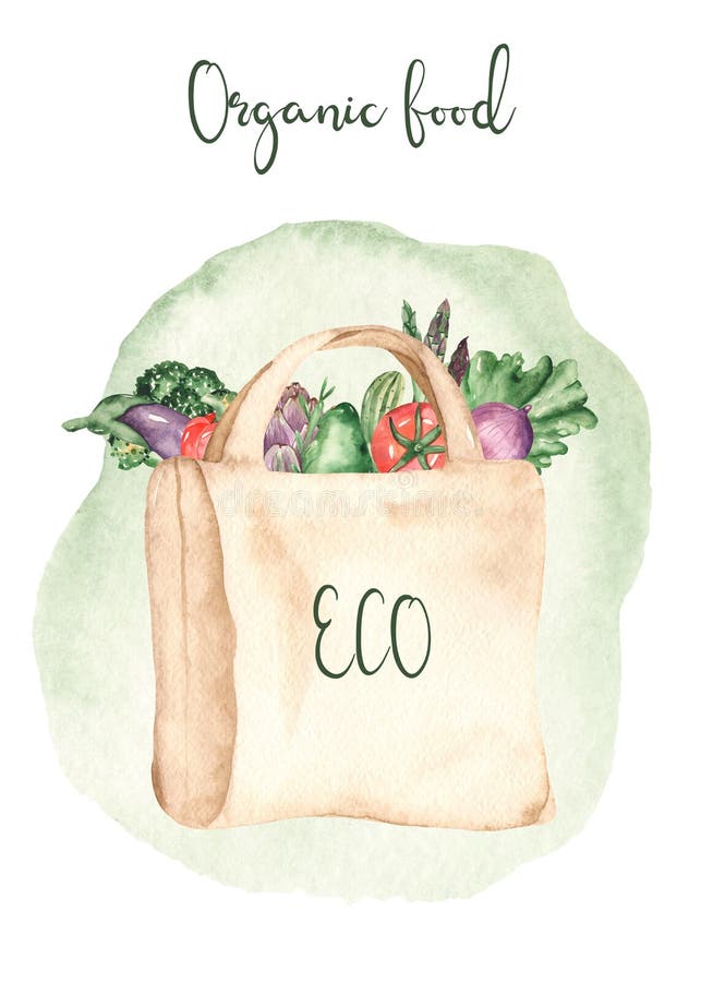 Biglietto di colore d'acqua con erbe fresche e verdure in un sacchetto di tessuto royalty illustrazione gratis