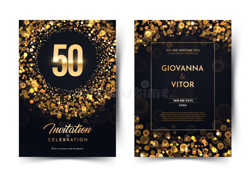 Biglietto vettoriale di 50 anni di carta nera di lusso biglietto di lusso. celebrazione del cinquantenario delle nozze illustrazione vettoriale