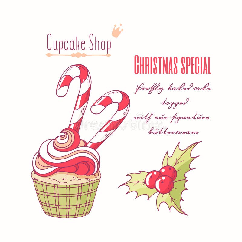 Bigné disegnato a mano di natale con agrifoglio, il bastoncino di zucchero e il buttercream di scarabocchio per il menu del negoz illustrazione vettoriale Bigné disegnato a mano di natale con agrifoglio, il bastoncino di zucchero e il buttercream di scarabocchio per il menu del negoz illustrazione vettoriale