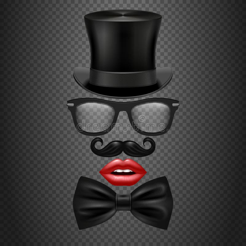 Bigote, corbata de lazo, vidrios, labios rojos de la muchacha y sombrero del cilindro apoyos realistas de la cabina de la foto de libre illustration Bigote, corbata de lazo, vidrios, labios rojos de la muchacha y sombrero del cilindro apoyos realistas de la cabina de la foto de libre illustration