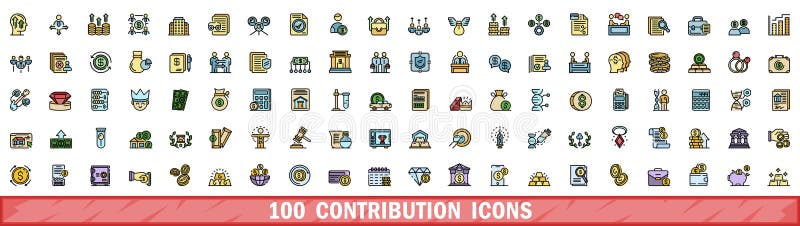 100 contribution icons set. Color line set of contribution vector icons thin line color flat on white. 100 contribution icons set. Color line set of contribution vector icons thin line color flat on white