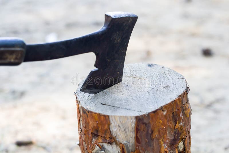 Bijl die in de stomp wordt geplakt houten stomp bij de bosontbossingsman Felled boom De bijl van de houthakker op de stomp royalty-vrije stock afbeelding Bijl die in de stomp wordt geplakt houten stomp bij de bosontbossingsman Felled boom De bijl van de houthakker op de stomp royalty-vrije stock afbeelding