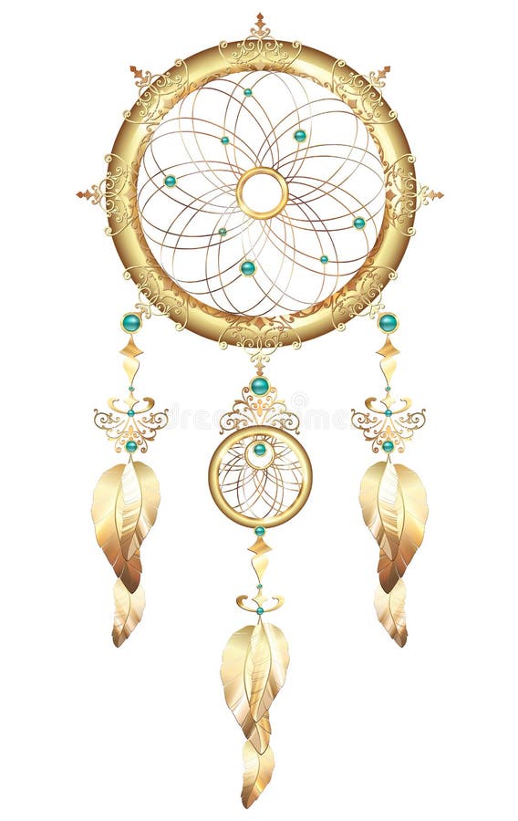 Dream catcher jewelry with feathers. Fantastic magic Dreamcatcher heart shaped colored metal and gold feathers and precious stones illustration Tattoos. Dream catcher jewelry with feathers. Fantastic magic Dreamcatcher heart shaped colored metal and gold feathers and precious stones illustration Tattoos