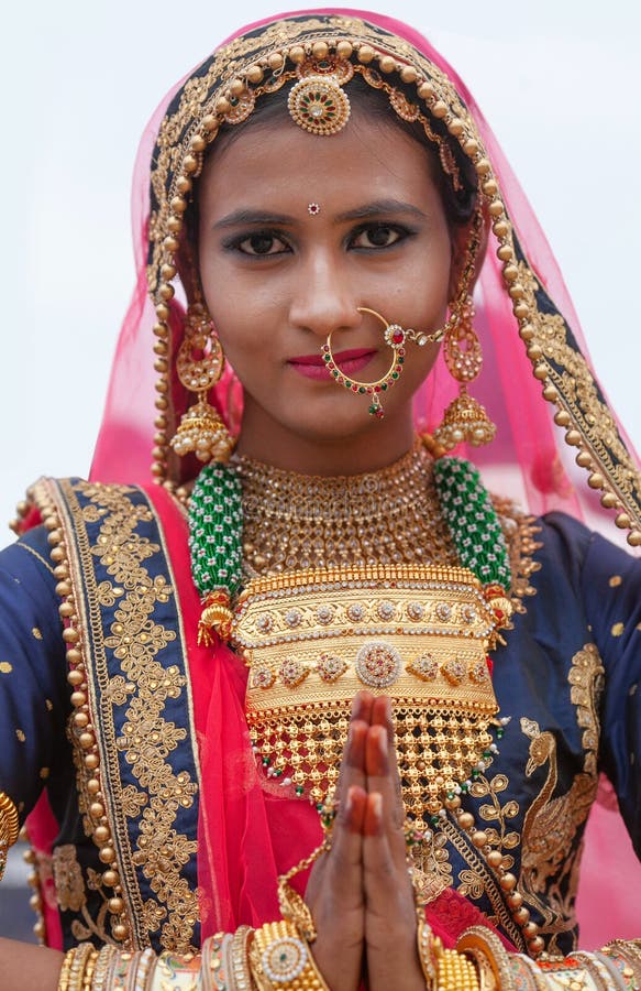 Indian Rajasthani Beautiful Woman In National Clothes Saying Namaste Rajasthan India Editorial