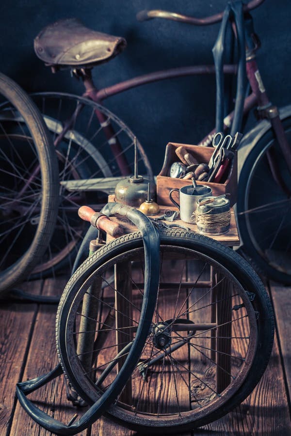 Bike Fix Service with Wheels, Tools, and Rubber Patch Stock Photo