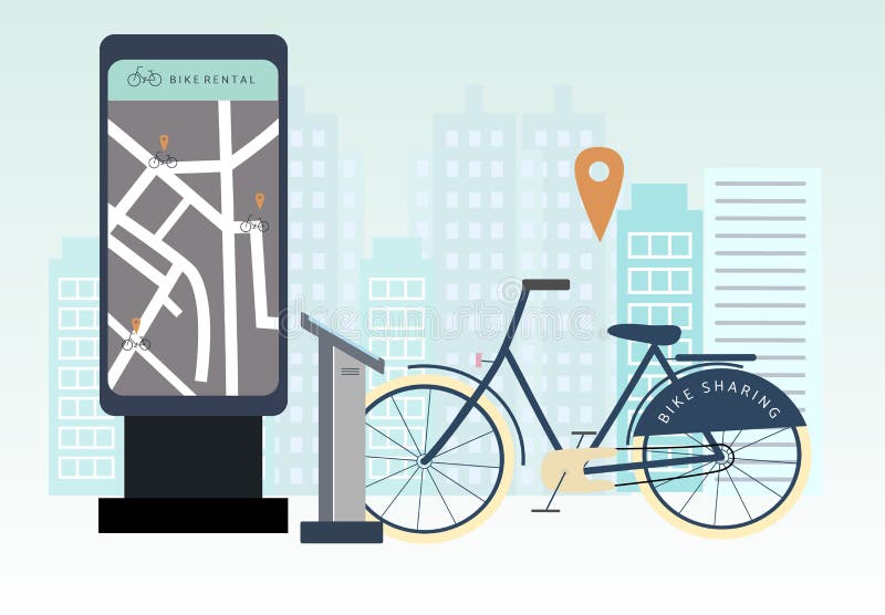 Bike-sharing of het huurconcept Online app voor huren van fietsen vectorillustratie voor banner, web, mobiele app, flyer, poster royalty-vrije illustratie Bike-sharing of het huurconcept Online app voor huren van fietsen vectorillustratie voor banner, web, mobiele app, flyer, poster royalty-vrije illustratie