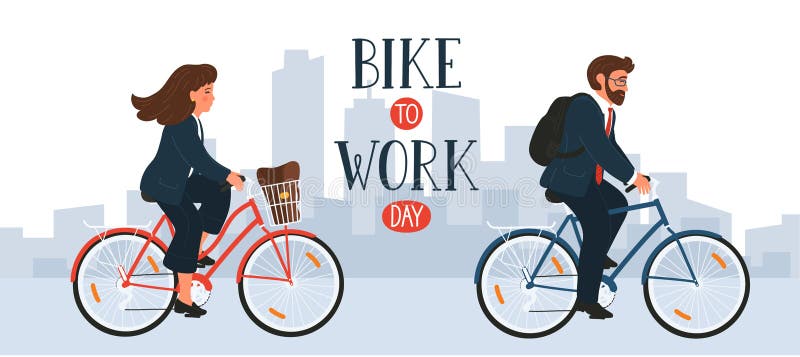 Bike to Work Day. Businesswoman and Businessman in formal clothes on bikes with lettering. Man and woman cycling in city